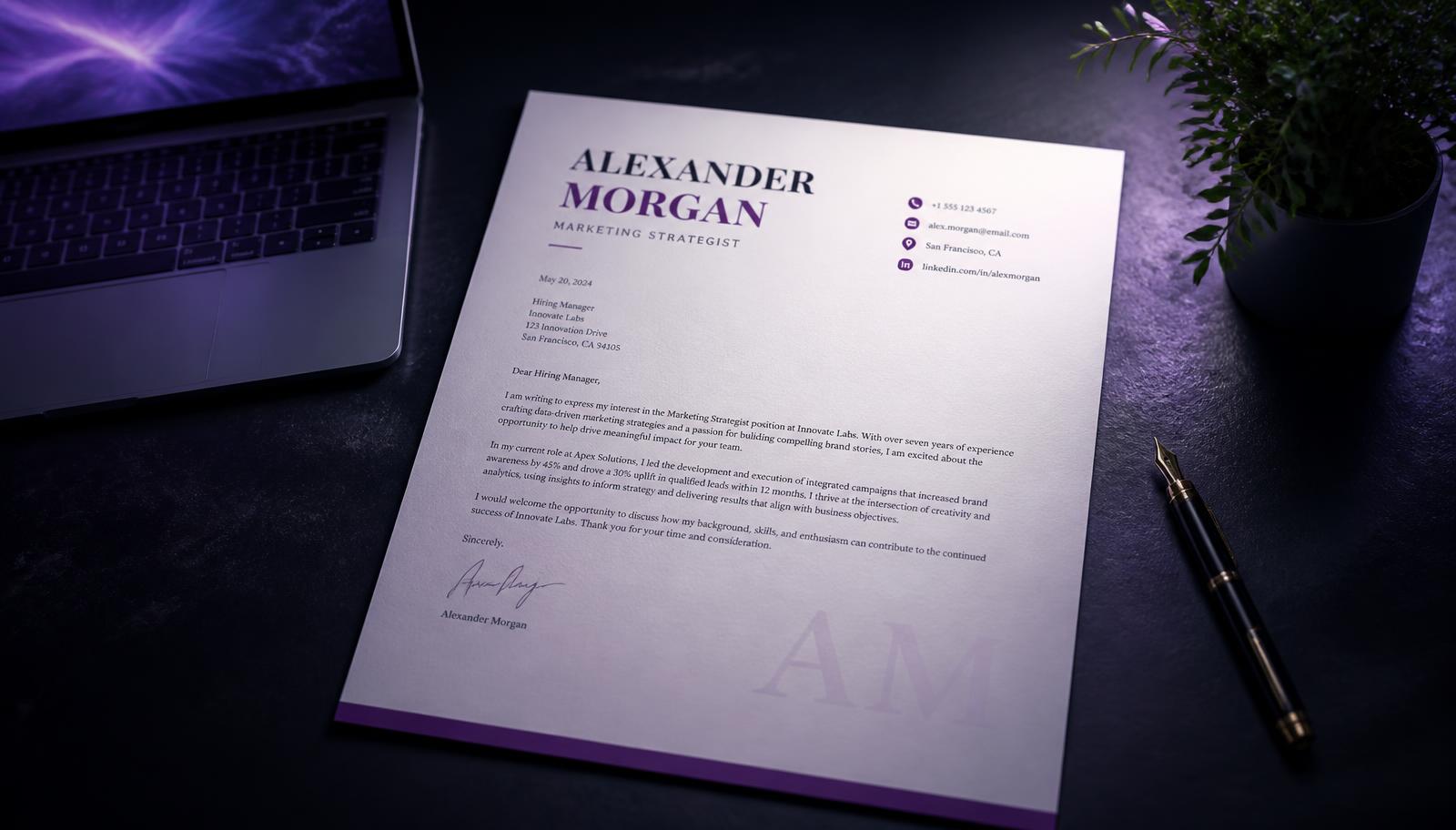 Designed cover letter pages fanned across a modern desk