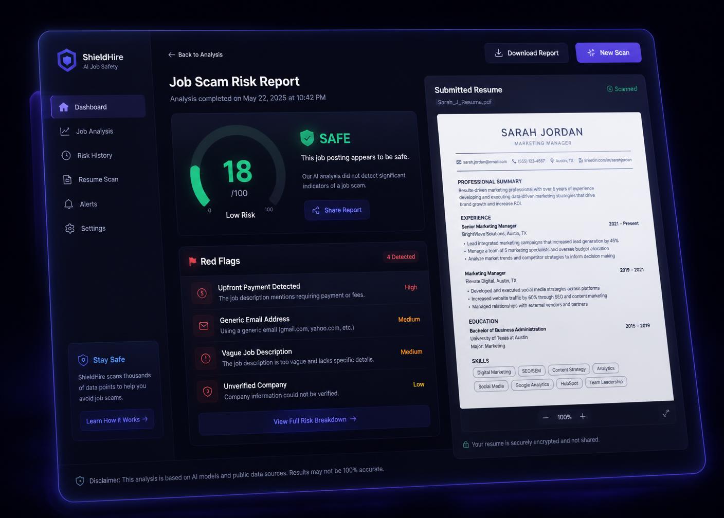 Nitshield risk report showing a job scam score, red flag list and scanned resume
